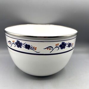 Vtg Kobe Kitchen Japan White Bowl Mixing Blue Floral Silver Trim‎ Enameled